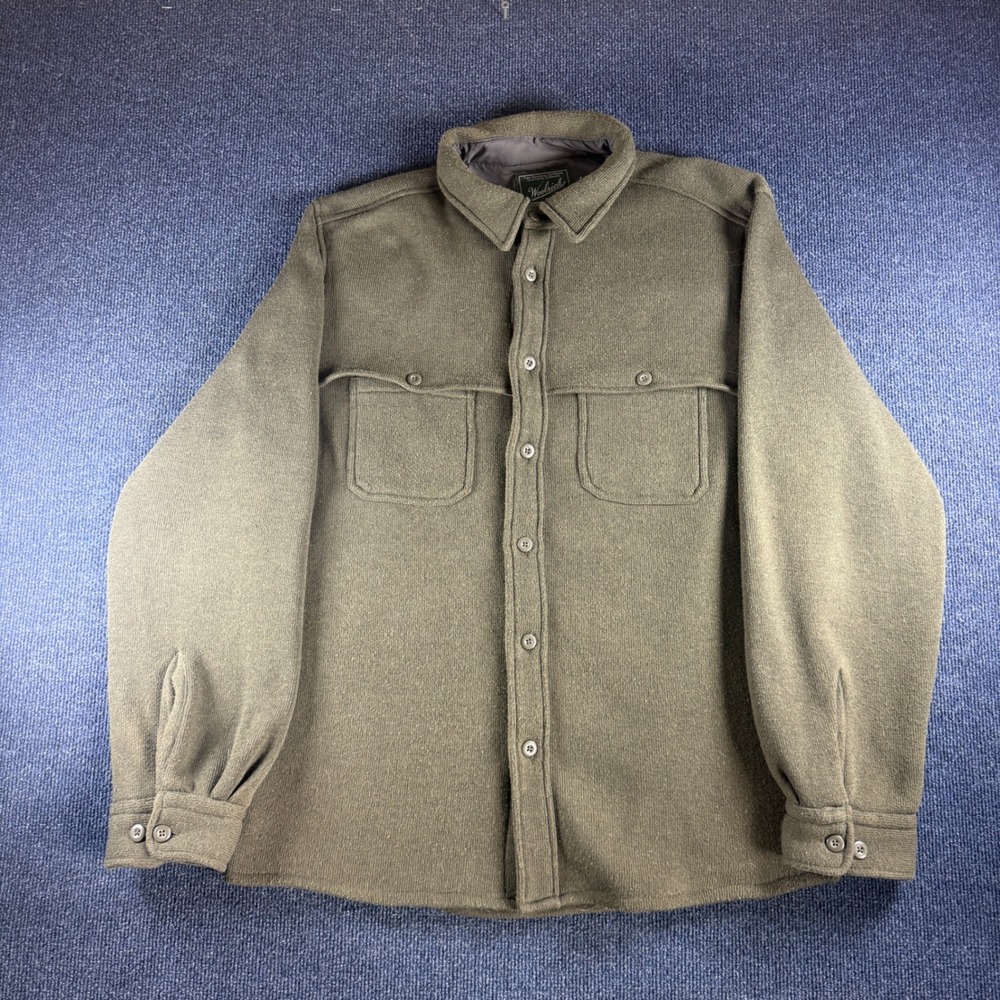 Woolrich Woolen Mills Men's L Olive Knit Shirt Jacket 25x31 Button Up Wool